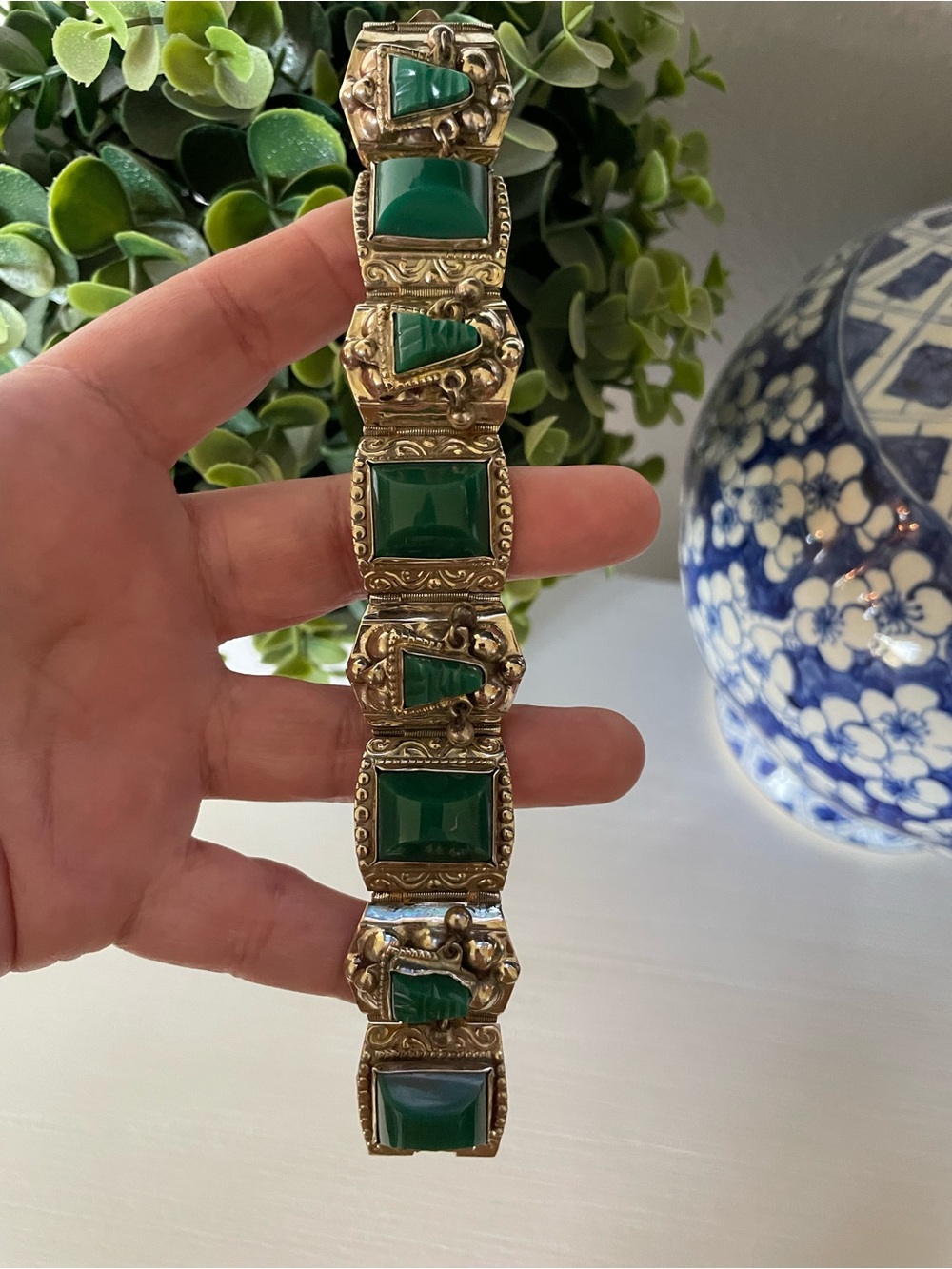 Vintage Taxco Mexico Sterling Silver Carved Green Onyx Panel Bracelet